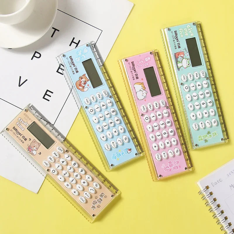 Kawaii Cartoon Mini Ruler Calculator Multifunction 15cm Ruler with Calculator Students Stationery Office School Supplies