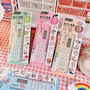 Kawaii Cartoon Mini Ruler Calculator Multifunction 15cm Ruler with Calculator Students Stationery Office School Supplies