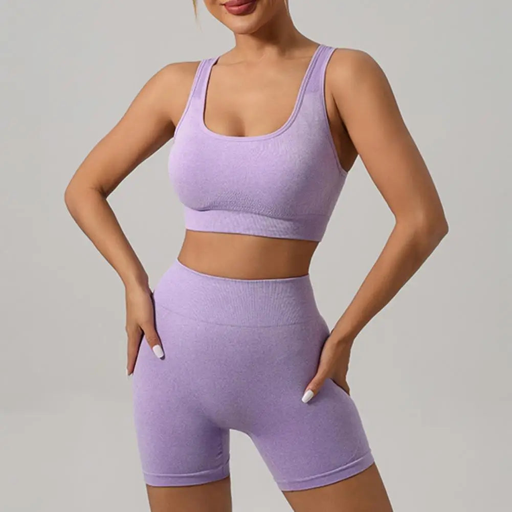 Women Activewear Yoga Outfit Exercise Set for Women High Waist Leggings with Sports Bra U-neck Sport Bra Shorts Set for Fitness